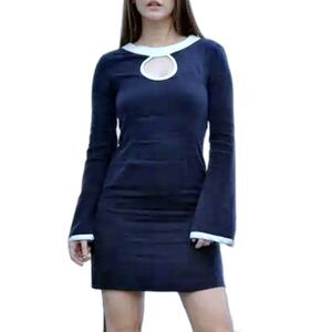 STAUD Mod Navy & Off White Key Hole Bell Sleeve 60s Vibe Mini Dress, Sz. 4/6